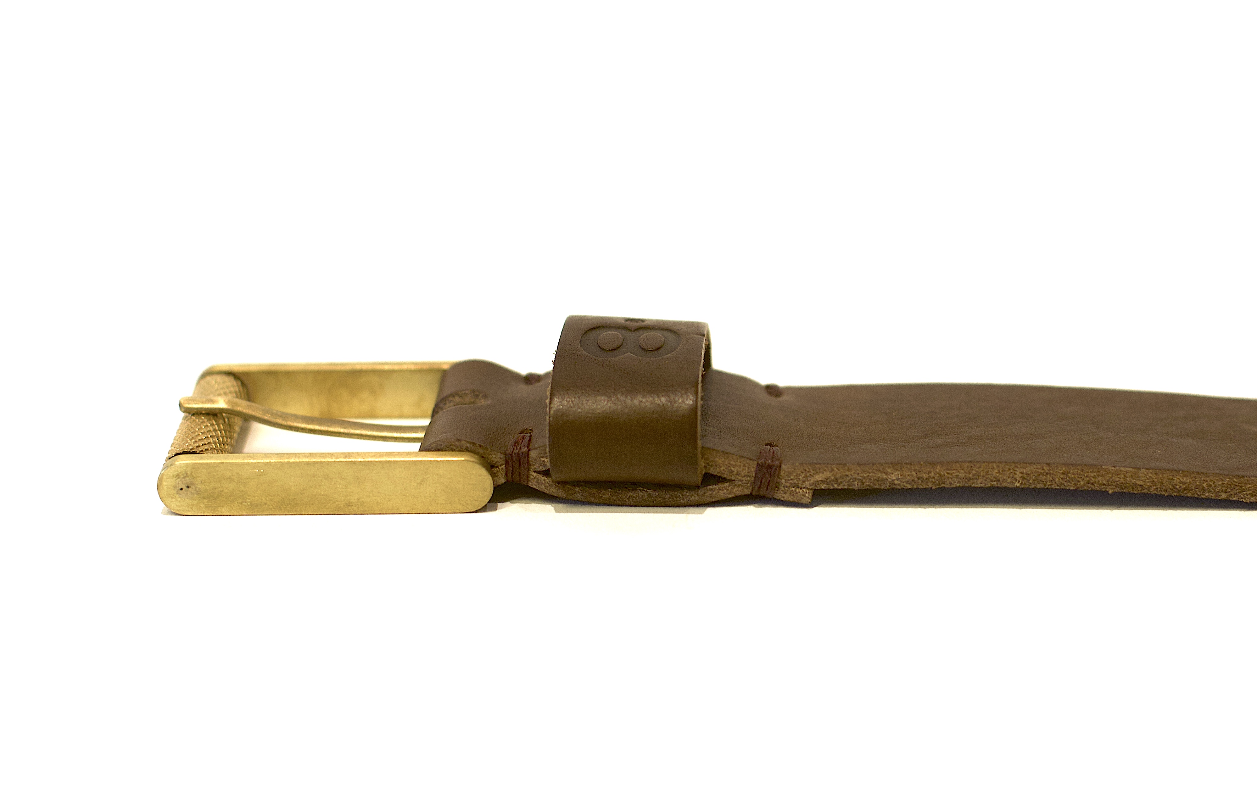 Leather brown belt with brass buckle by Butts and Shoulders